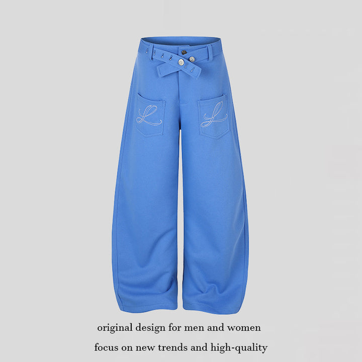 Damen Weite High‑Waist Palazzo-Jogginghose mit aufgesetzten Taschen, Zierstickerei und verstellbarem Gürtel Echoarchiv
