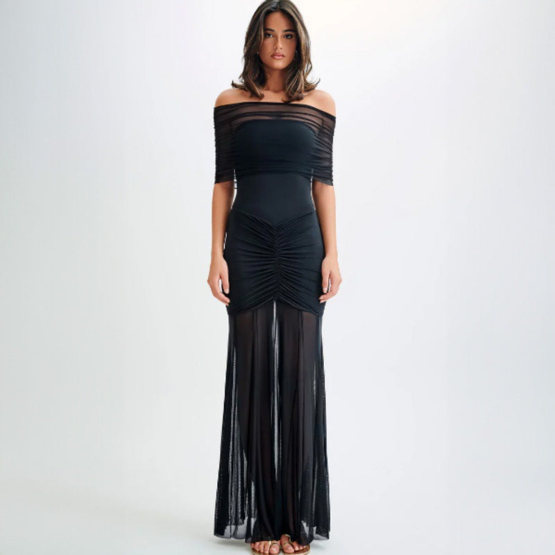 Damen Elegantes Maxi-Kleid mit schulterfreiem Design und Raffungen Echo Archiv