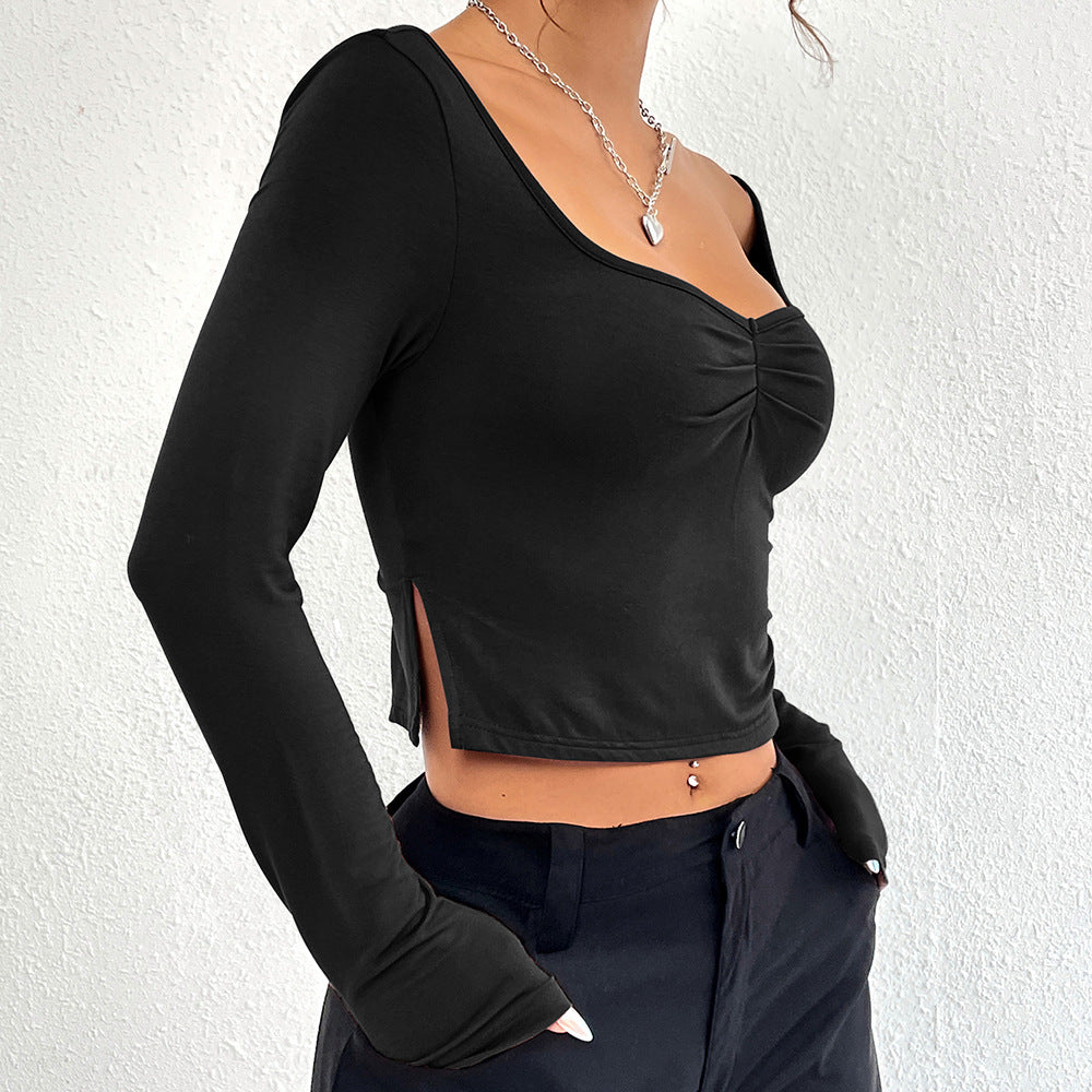 Damen gerafftes Cropped-Longsleeve mit Herz-Ausschnitt und Seitenschlitzen – Avérine
