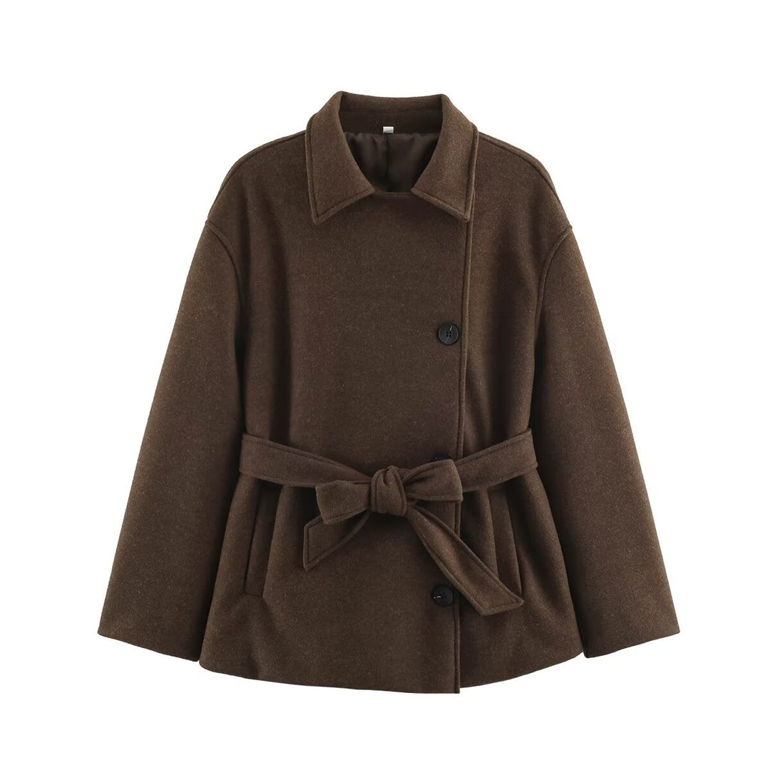 Damen Kurzmantel im Wickelstil mit Taillengürtel und kastiger Silhouette Echoarchiv