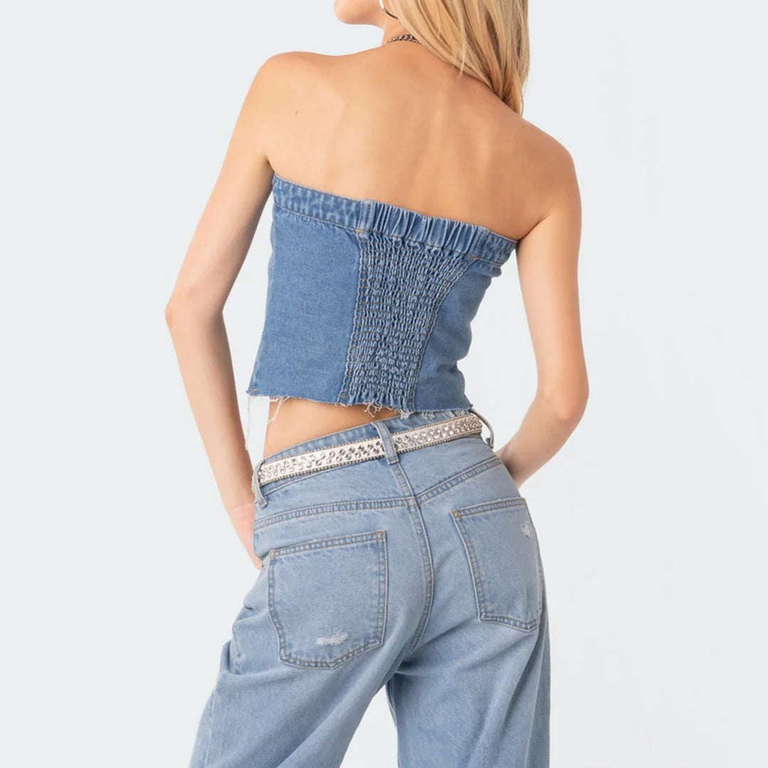 Damen Denim-Crop-Top mit gestricktem Überwurf Echo Archiv