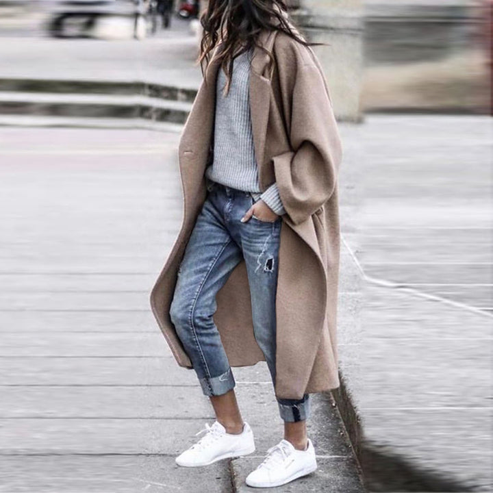 Damen Oversize Wollmantel mit fallender Schulter, offener Front und Eingrifftaschen Echoarchiv