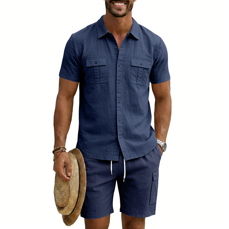 Herren nan sommerliches Freizeitset aus Baumwoll-Leinenmix mit Kurzarm-Hemd und Cargo-Shorts Echo Archiv