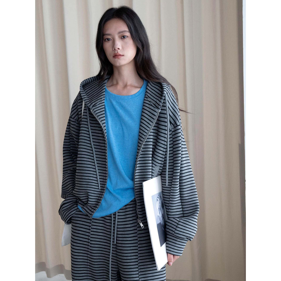 Damen Gestreifte Relaxed-Fit Zip-Kapuzenjacke mit Kordelzug Echoarchiv