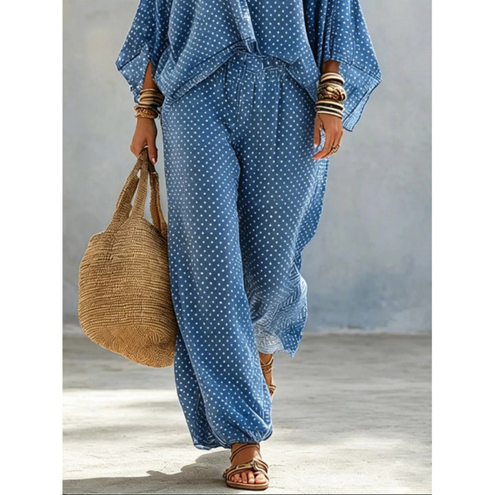 Damen Boho-Lounge-Set mit weitem V-Ausschnitt, Fledermausärmeln und elastischer Bund-Palazzohose Echoarchiv