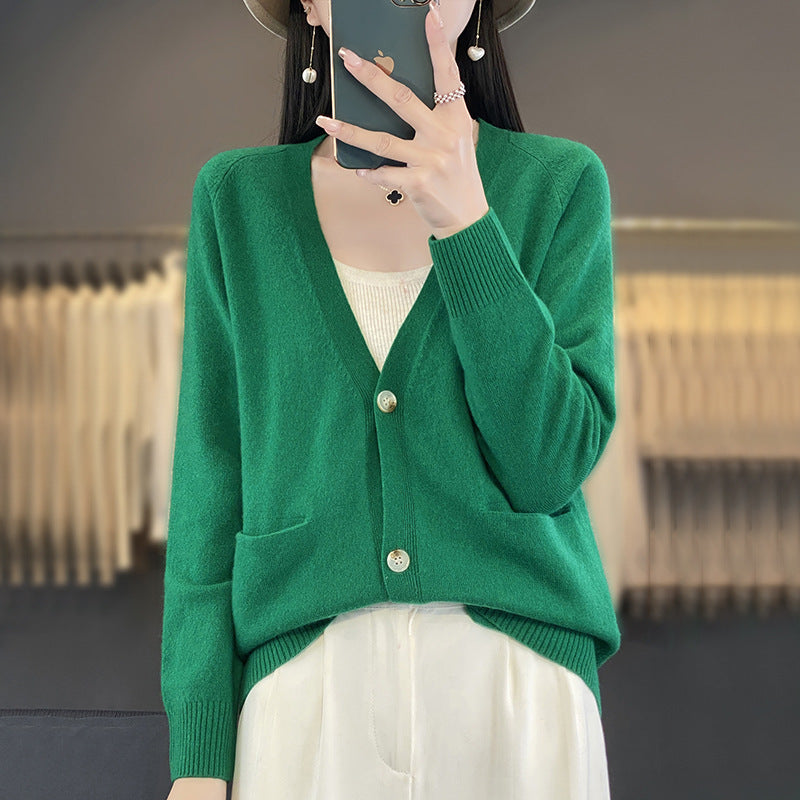 Damen Lässiger Feinstrick-Cardigan mit V‑Ausschnitt, Eingrifftaschen und breitem Rippbund Echoarchiv