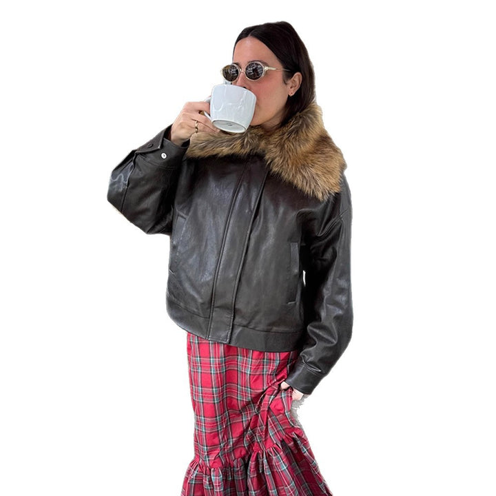Damen Boxy Lederimitat-Blouson mit abnehmbarem Webpelzkragen und verdeckter Knopfleiste Echoarchiv