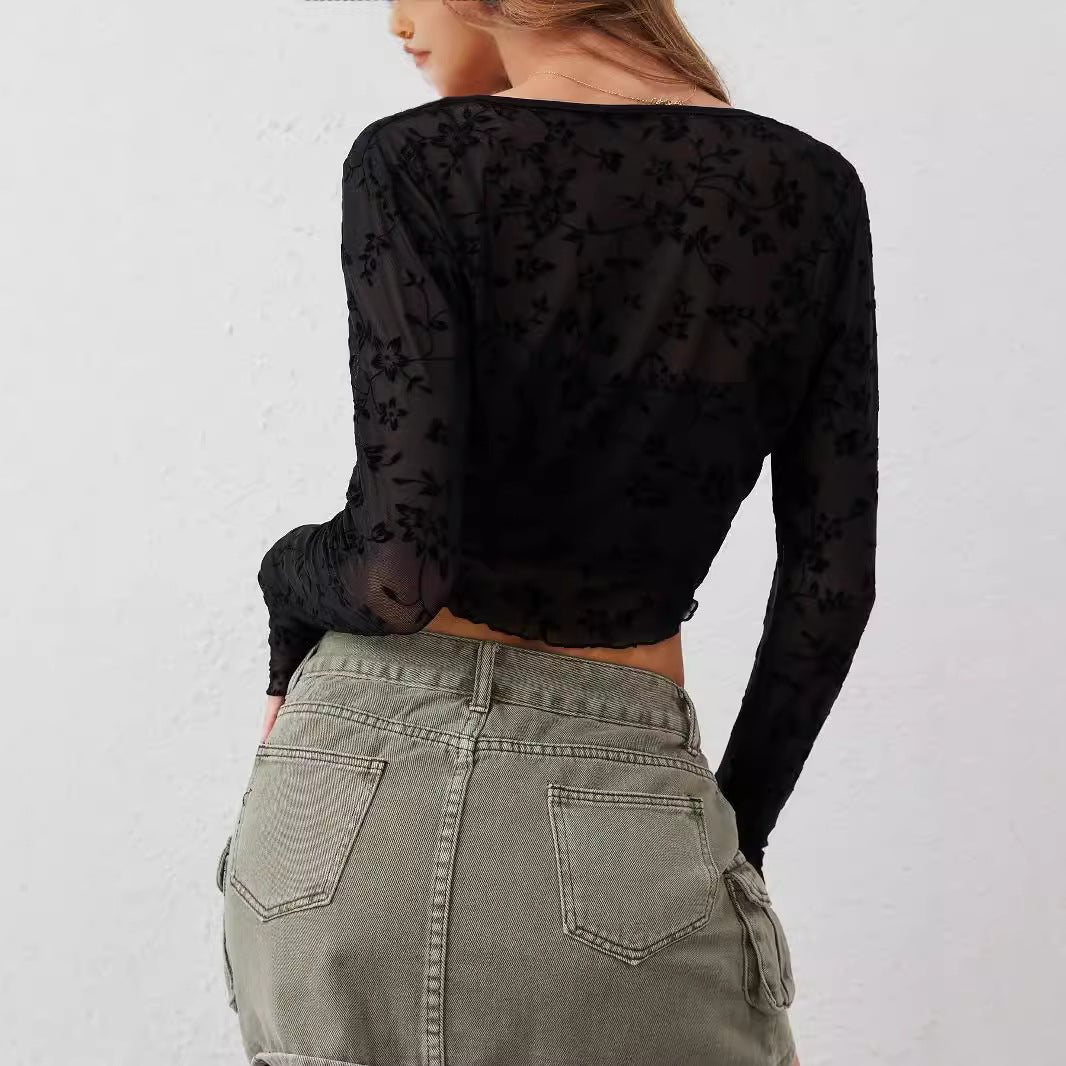 Damen nan tailliertes bauchfreies Netzoberteil mit floraler Samtflock-Verzierung und Bindeband Echo Archiv
