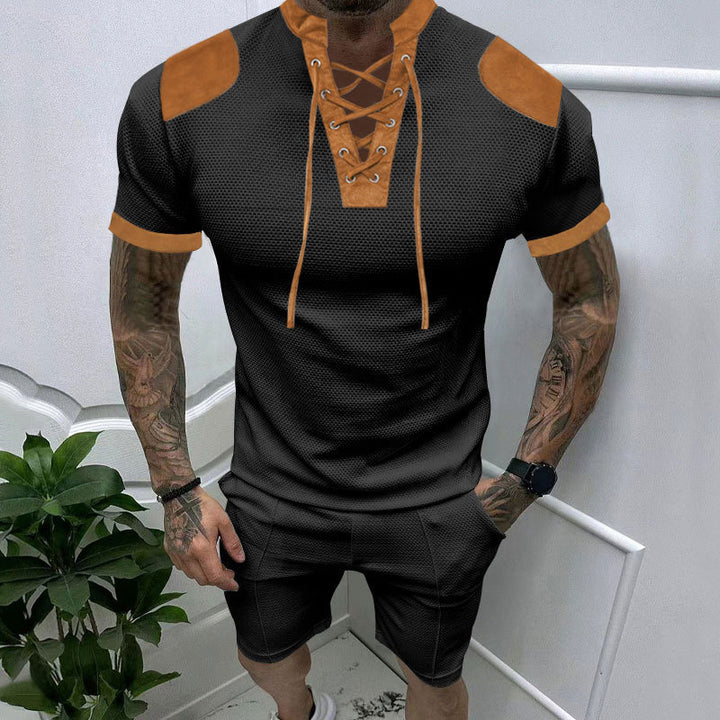 Herren lässiges Kurzarmshirt mit einzigartigem Schnürdesign und modernen Akzenten Echoarchiv