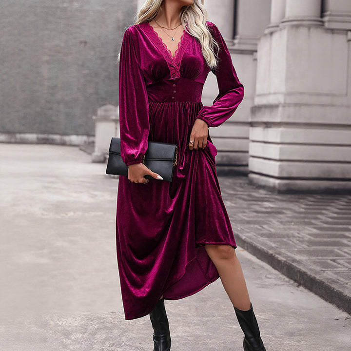 Damen Samt-Maxikleid mit V-Ausschnitt und Empire-Taille Echoarchiv