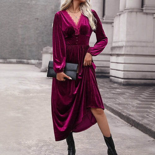 Damen Samt-Maxikleid mit V-Ausschnitt und Empire-Taille Echoarchiv