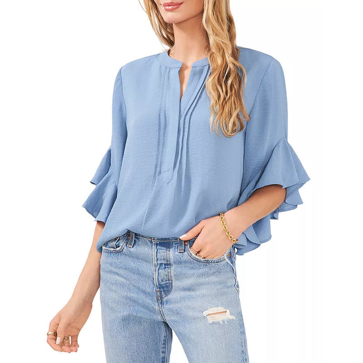 Damen Rüschen-Bluse mit V-Schlitz, lockerem Schnitt und Trompetenärmeln – Avérine