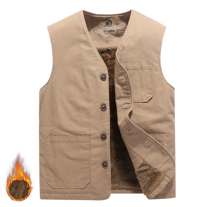 Herren Gefütterte Canvas-Weste mit durchgehendem Teddyfutter, Knopfleiste und aufgesetzten Taschen – Taviero