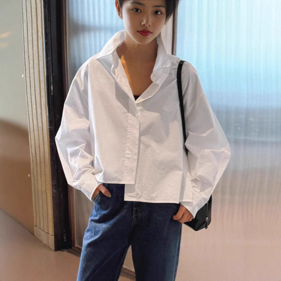 Damen Asymmetrische Cropped-Bluse aus Baumwoll-Popeline im Oversize-Schnitt Echoarchiv