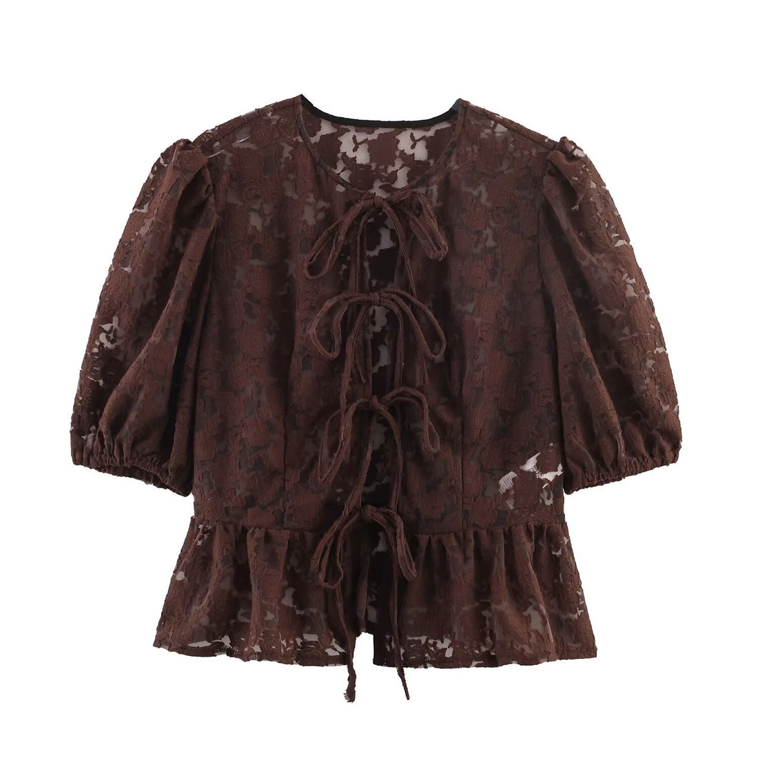 Damen Transparente Spitzenbluse mit frontalen Bindebändern und Volant‑Saum Echoarchiv