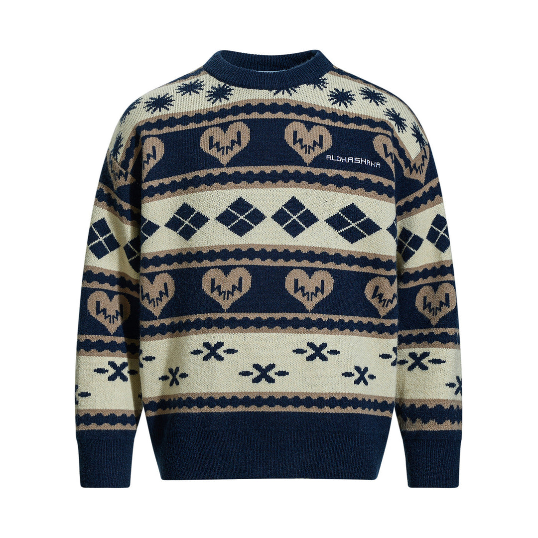 Herren Gemusterter Grobstrick-Pullover im Norwegerstil mit Rundhalsausschnitt Echoarchiv
