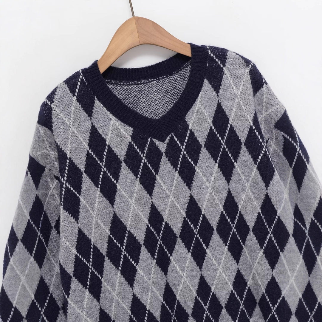 Damen Argyle V-Ausschnitt Strickpullover mit Rautenmuster Echo Archiv