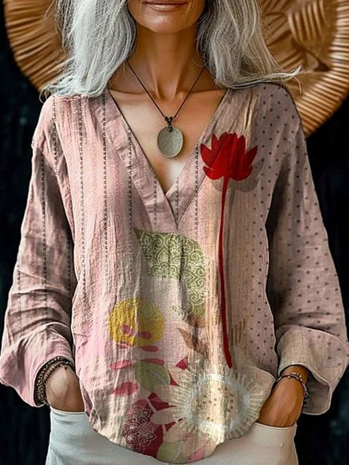Damen Boho-Leinenmischung Tunika-Bluse mit V-Ausschnitt und floraler Aquarellstickerei – Élovi
