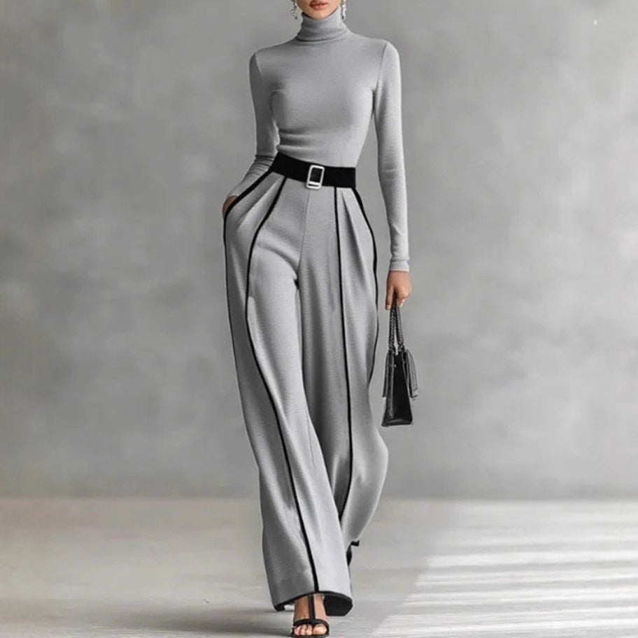 Damen nan elegantes Strickset mit tailliertem Rollkragenoberteil und weiter Plisseehose mit Taillengürtel Echo Archiv