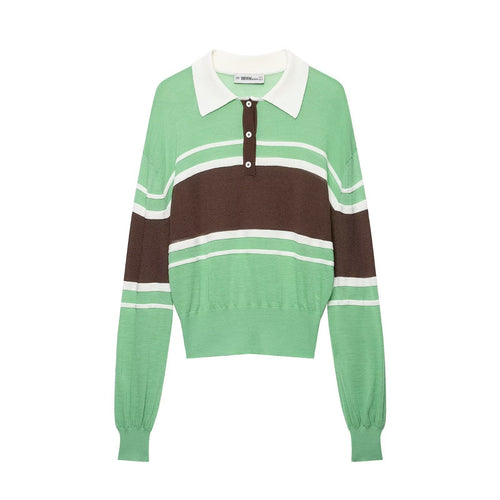 Damen Gestreifter Cropped‑Polo‑Pullover mit Knopfleiste und Rippbündchen Echoarchiv