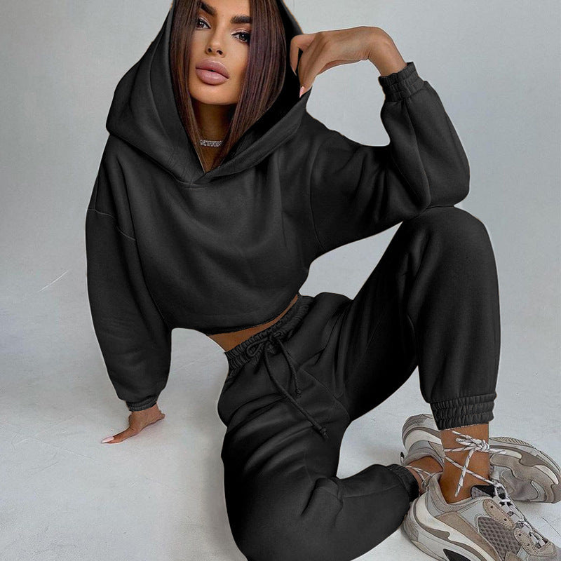Damen nan Cropped-Hoodie-Loungewear-Set mit elastischem Rippbund, hoher Taillen-Jogginghose und dekorativem Kordelzug Echo Archiv