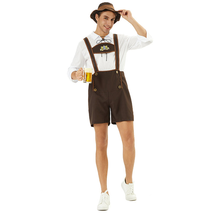 Herren nan Oktoberfest-Kurzlederhose mit verstellbaren Trägern, Zierknöpfen und besticktem Brustlatz Echo Archiv