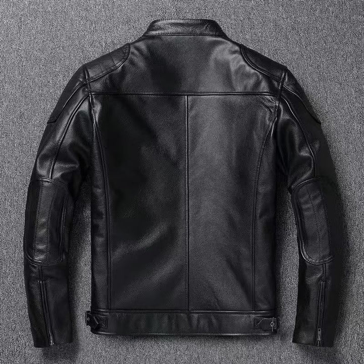 Herren Vintage Biker-Lederjacke mit Stehkragen und gesteppter Schulterpolsterung Echoarchiv