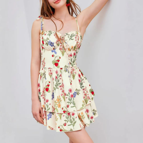 Damen Minikleid mit Blumenmuster und bordeauxfarbenem Unterrock Echo Archiv