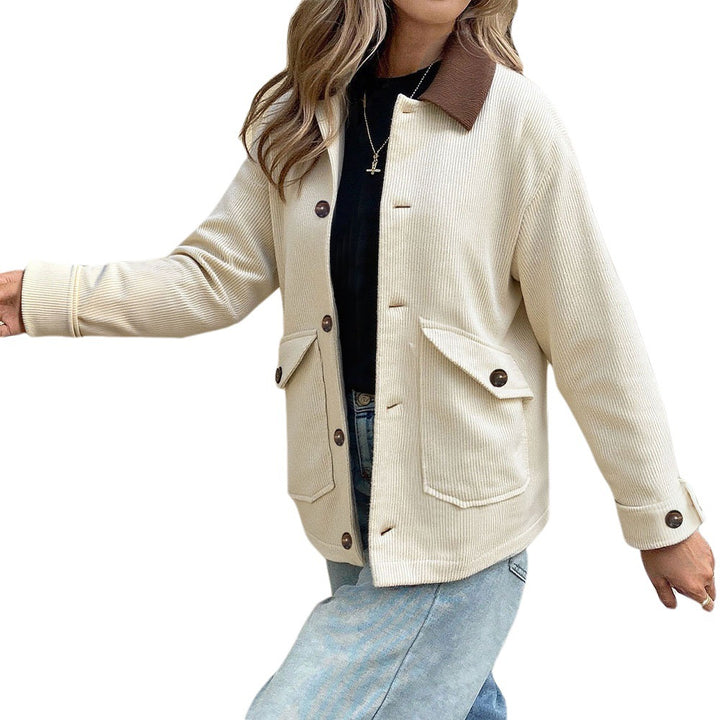 Damen Cordjacke mit kontrastkragen, aufgesetzten Taschen und Knopfleiste – Célinea