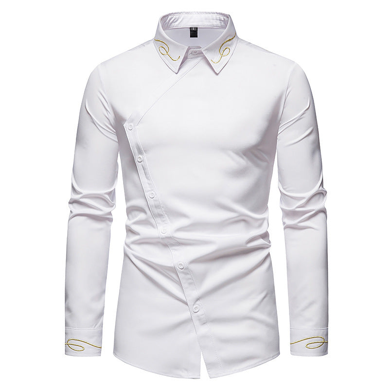 Herren Elegantes Langarmhemd mit asymmetrischem Knopfdesign und gesticktem Kragen Echoarchiv