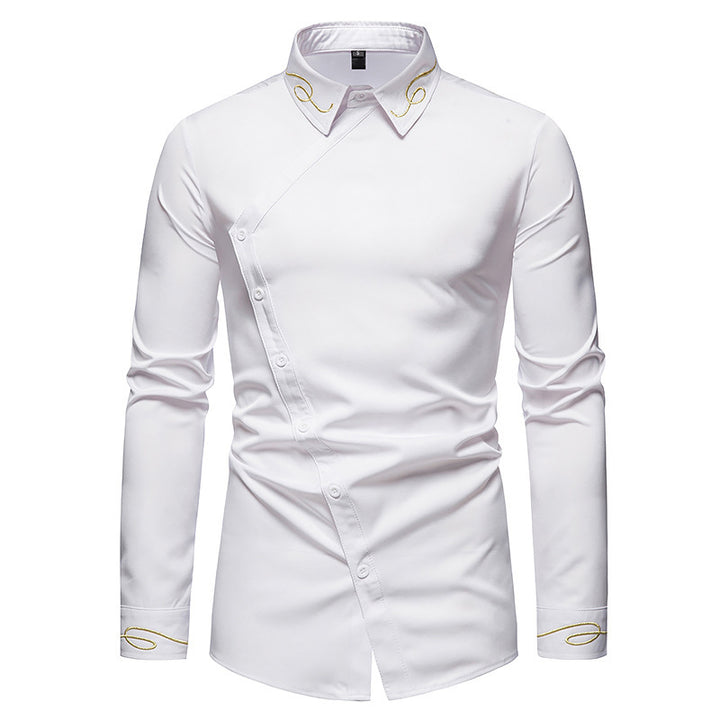 Herren Elegantes Langarmhemd mit asymmetrischem Knopfdesign und gesticktem Kragen Echoarchiv