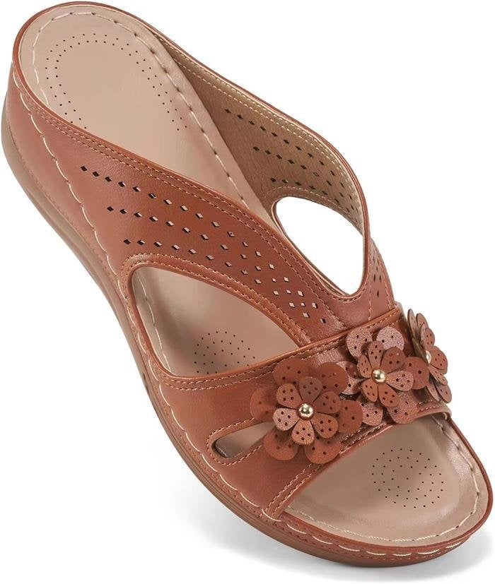 Damen Bequeme Pantoletten mit Blumenapplikation und orthopädischer Dämpfung – Sorelia