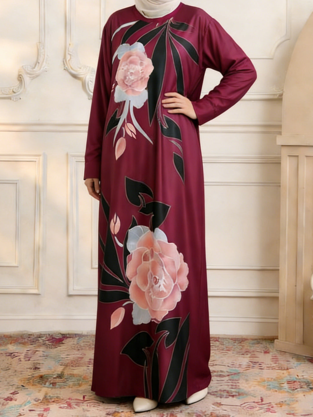 Damen Maxikleid im Kaftan-Stil mit handbemaltem Blumenprint Echoarchiv