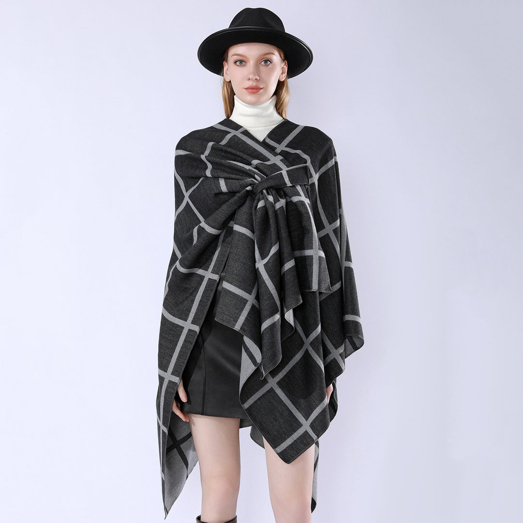 Damen Oversize Wollmix Poncho mit Gürtel und Karomuster Echo Archiv