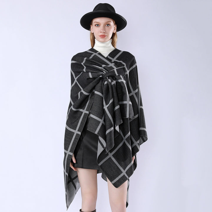 Damen Oversize Wollmix Poncho mit Gürtel und Karomuster Echo Archiv