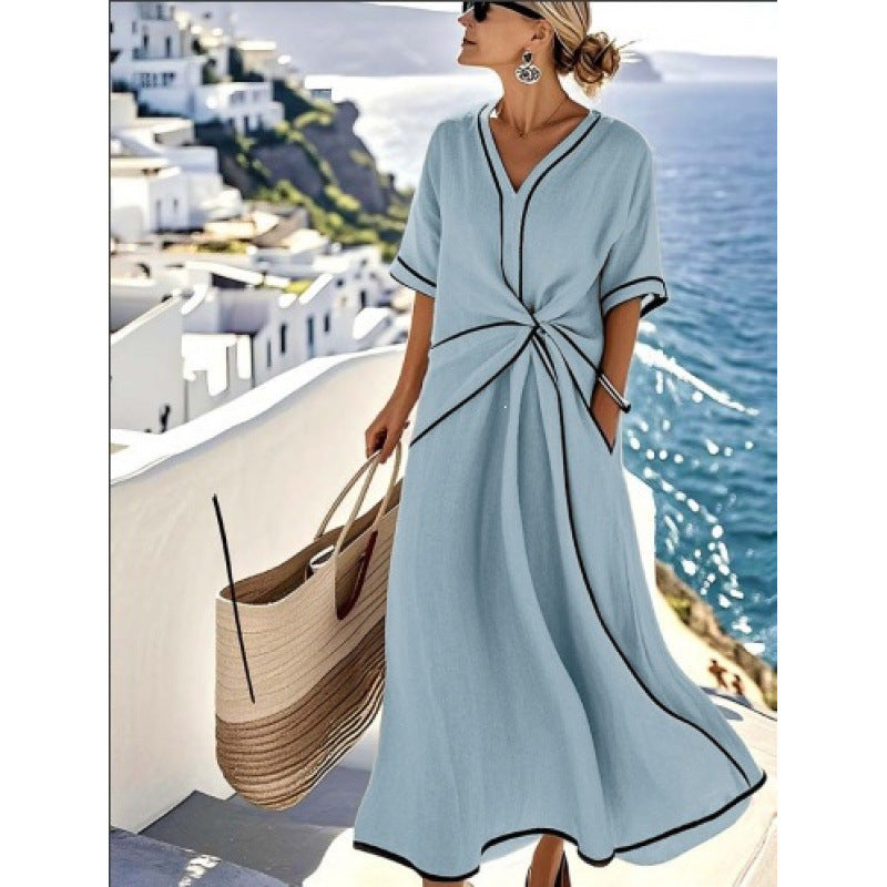 Damen Maxikleid mit V-Ausschnitt, seitlichem Knoten und Kontrastpaspeln Echoarchiv