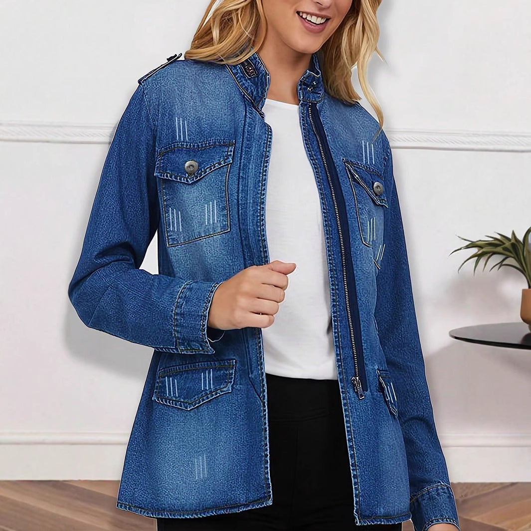 Damen taillierte Denim-Jacke im Military-Style mit Stehkragen und Pattentaschen Echo Archiv