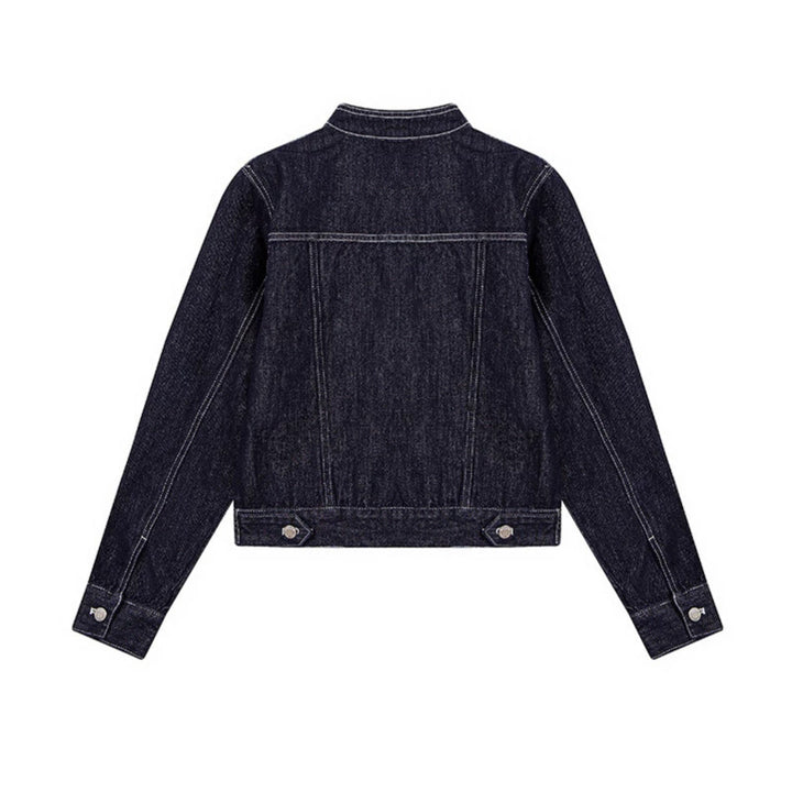 Damen Taillierte Jeansjacke mit Stehkragen, Ziernähten und Metallknopfverschluss Echoarchiv