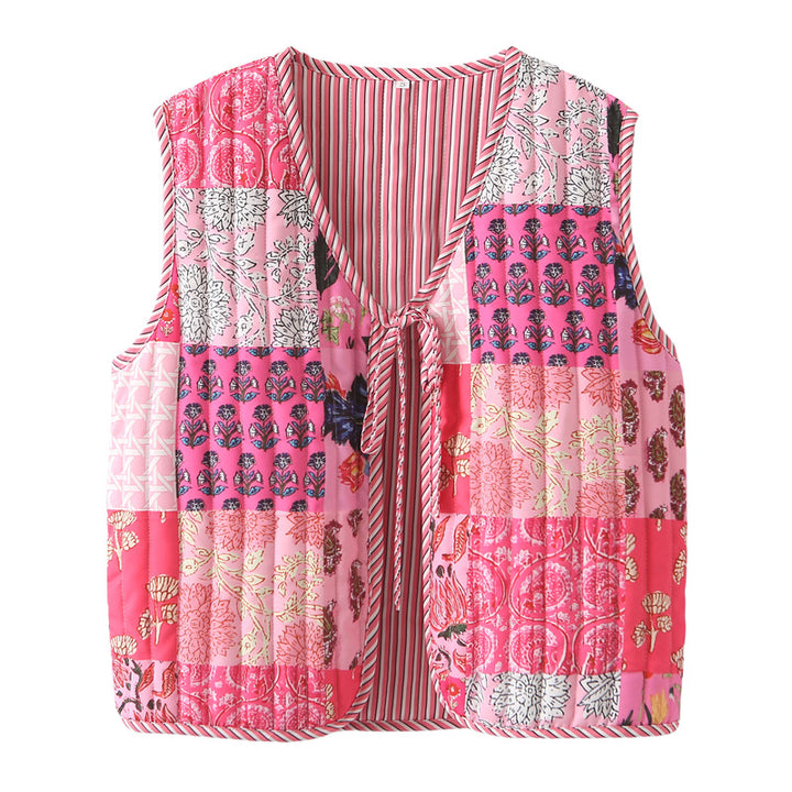 Damen nan gequiltete Patchwork-Weste mit Bindeband und V-Ausschnitt Echo Archiv