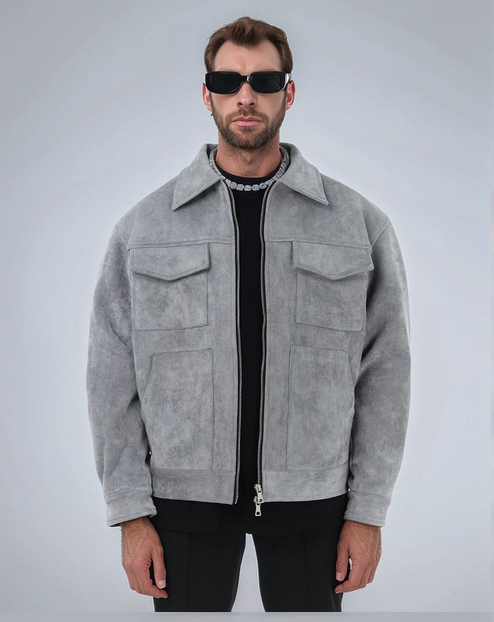 Herren modische Suede-Jacke mit aufgesetzten Taschen Echoarchiv