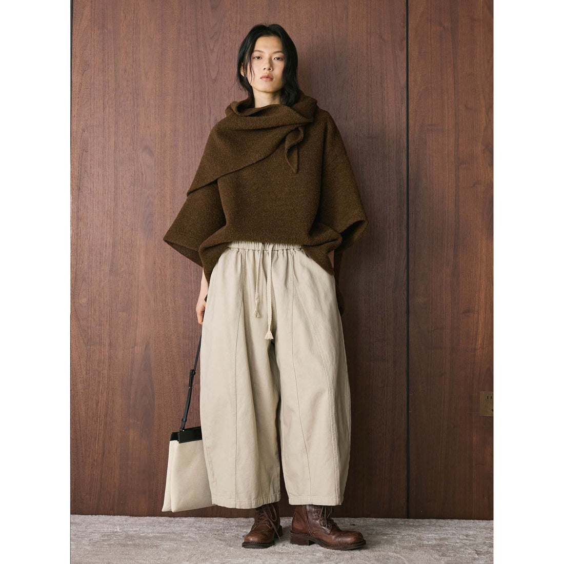 Damen Weite High‑Waist Canvas‑Culotte mit Kordelbund und Ziernähten Echoarchiv