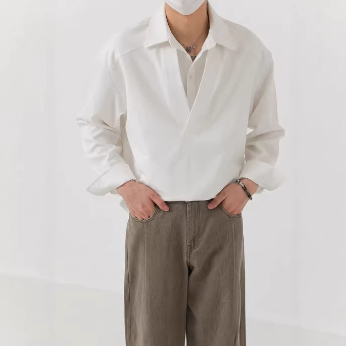Herren Hemd-Pullover im Oversize-Schnitt mit tiefem V-Ausschnitt und klassischem Kragen – Arvello