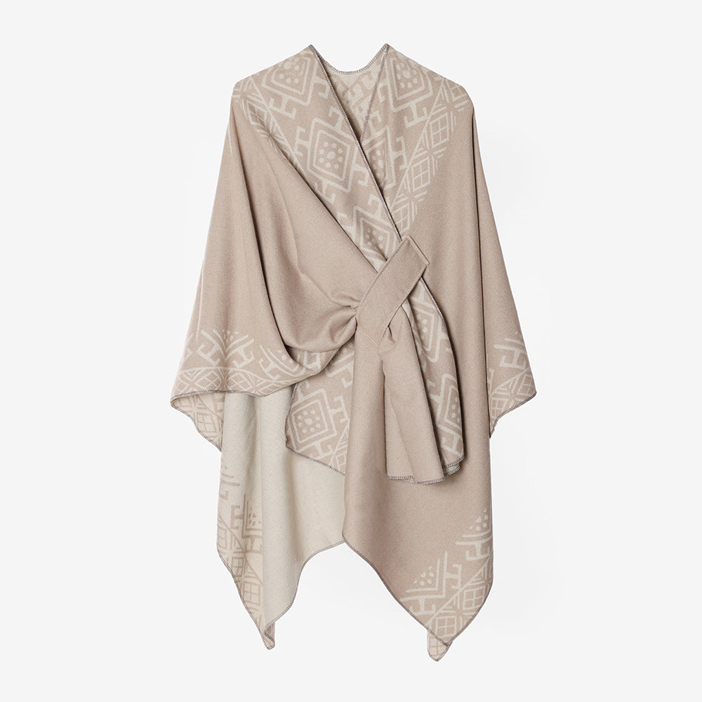 Damen Reversibler Wollmix-Cape mit Bindeschlaufe und feinem Jacquardmuster – Avérine