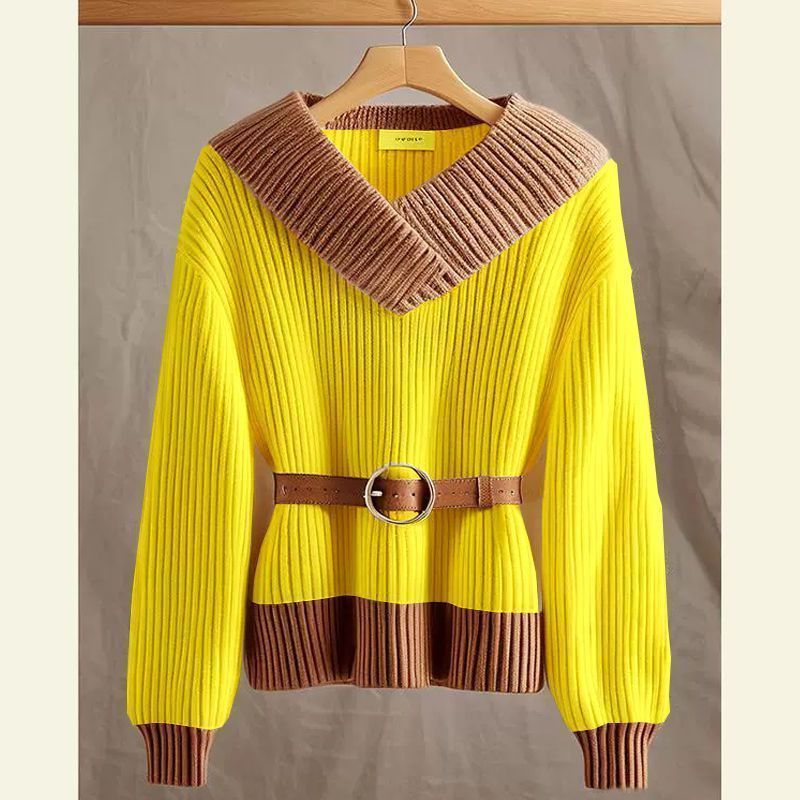 Damen Modischer und eleganter Strickpullover mit Gürtel Echo Archiv