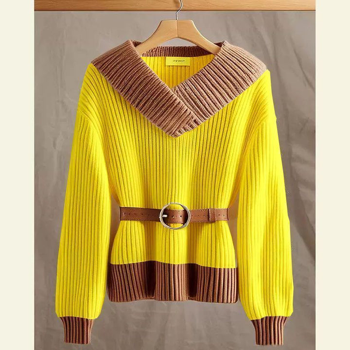 Damen Modischer und eleganter Strickpullover mit Gürtel Echo Archiv