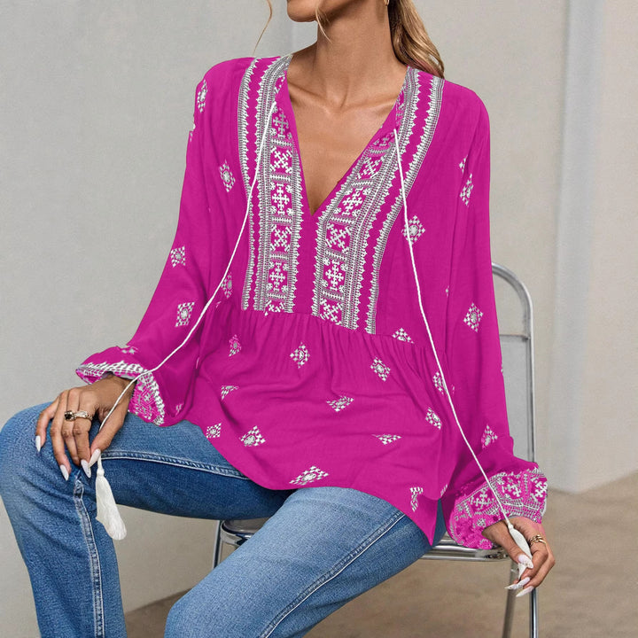Damen Bestickte Boho-Tunika-Bluse mit Quastenbändern und stufigem Saum Echo Archiv