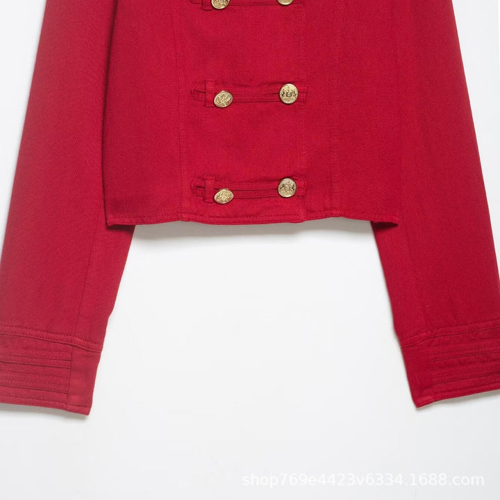 Damen Kurze Militärjacke im Cropped‑Schnitt mit Stehkragen und goldfarbenen Zierknöpfen Echo Archiv