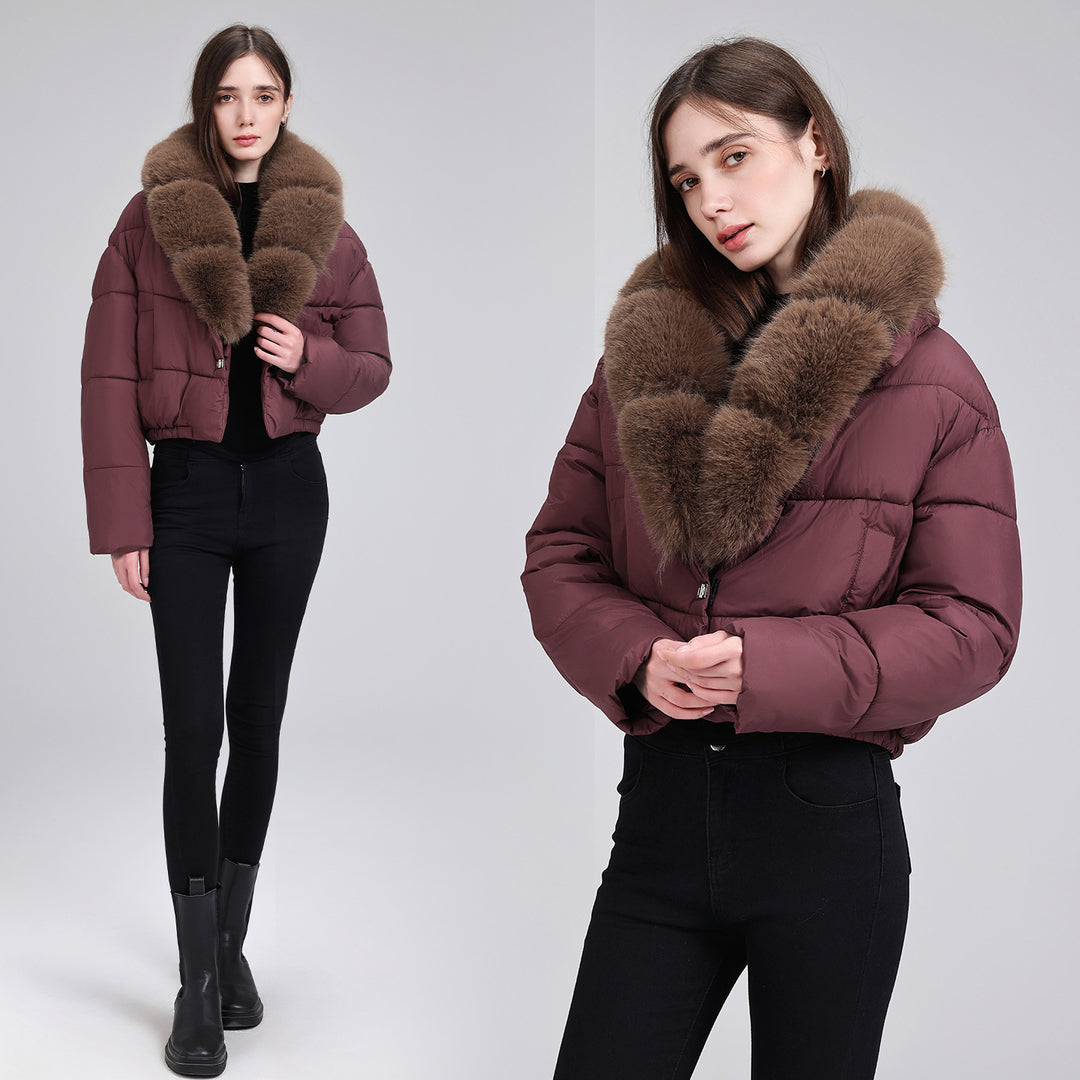 Damen Kurze gesteppte Puffer-Bomberjacke mit extra weitem Kunstfellkragen – Avenza
