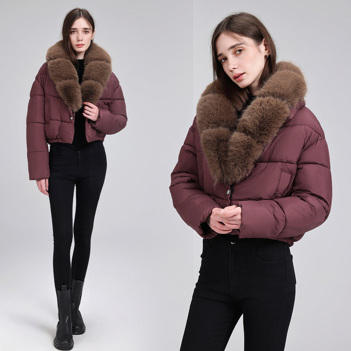 Damen Kurze gesteppte Puffer-Bomberjacke mit extra weitem Kunstfellkragen – Avenza
