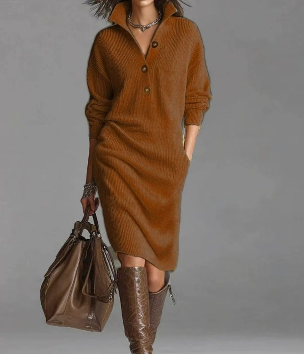 Damen nan gestricktes Pulloverkleid mit Polokragen, Eingrifftaschen und lässiger Passform Echo Archiv